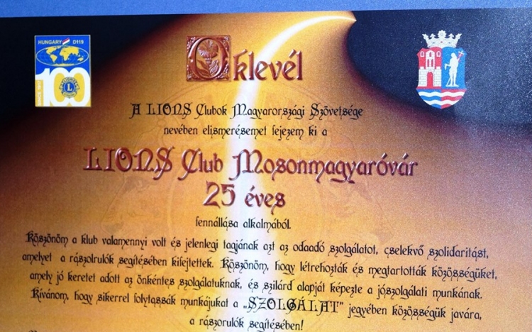 25 éves a Lions Club Mosonmagyaróvár