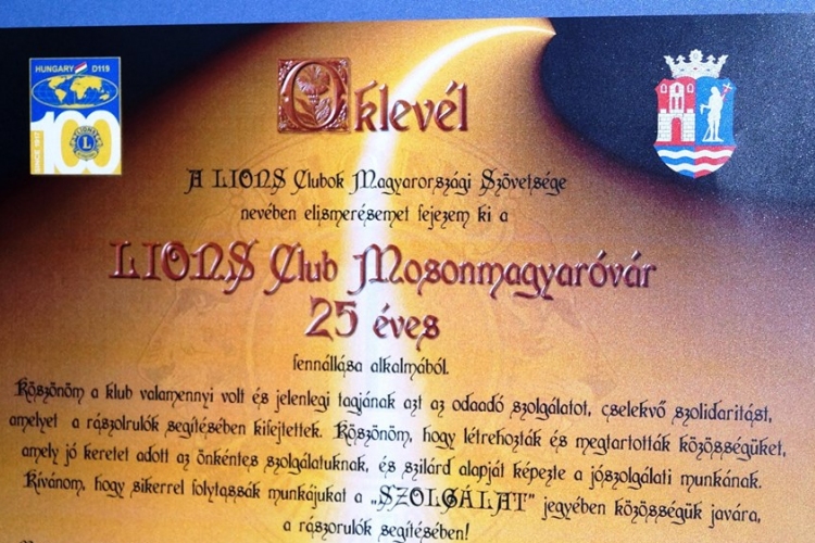 25 éves a Lions Club Mosonmagyaróvár